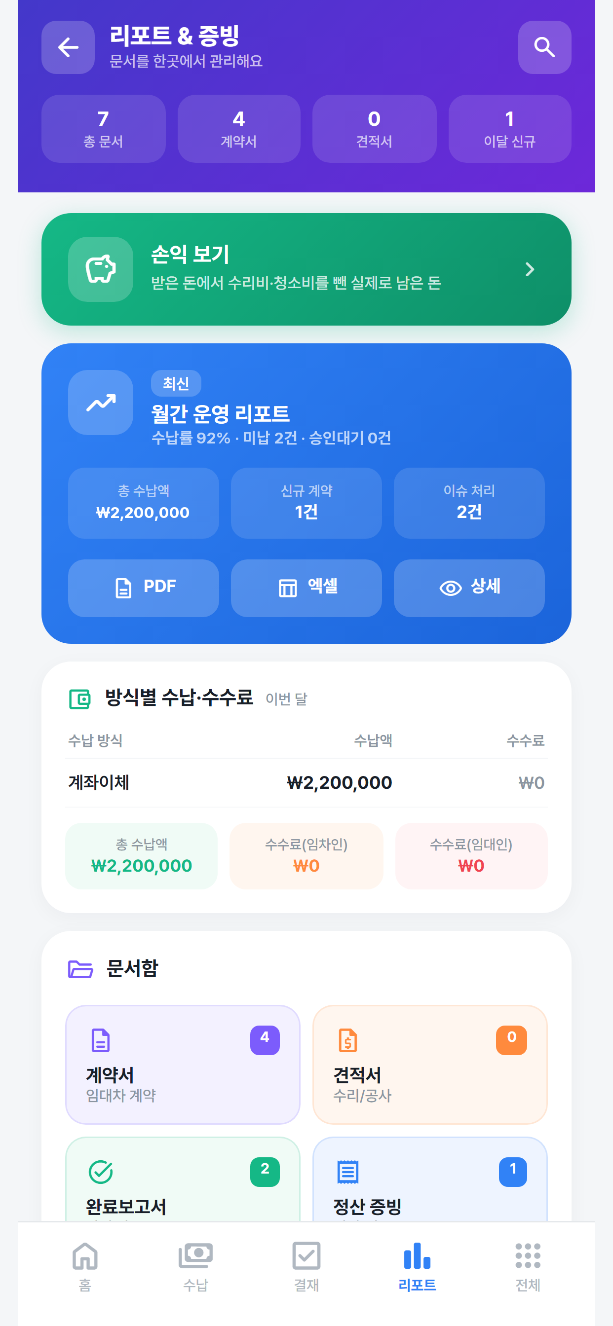 임대인 앱 월간 운영 리포트 — 수납률 92%, 총 수납액 220만 원